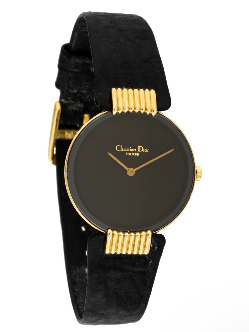 Dior Black and Gold Round Minimalist Leather Strap Watch